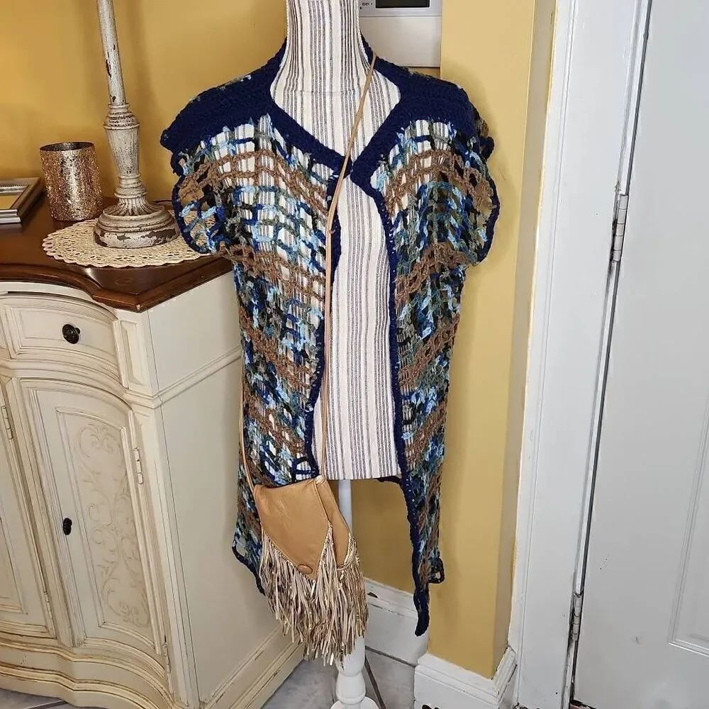 Handmade crochet knit blue open sweater women's size S/M with tan crossbody
